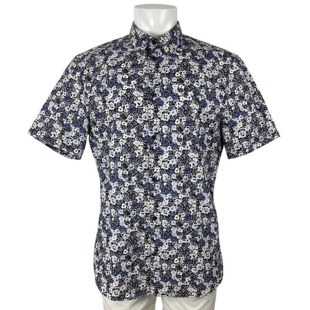 H&M Men's Blue Floral Slim Fit Short Sleeve Casual Button Down Shirt Top Size L